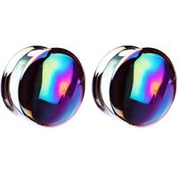Pierced Owl Front Facing Metallic Rainbow Oil Slick Glass Saddle Plugs, Sold as a Pair (6mm (2GA))