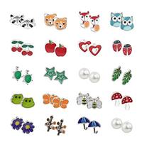HOVEOX 20 Pairs Stud Earrings Stainless Steel Mixed Color Cute Animals Fruit Mushroom Cherry Pearl F
