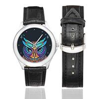 InterestPrint Vintage Owl with Tribal Ornament Women's Stainless Steel Classic Leather Strap Watch, Black