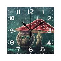 Naanle 3D Little Owl Sitting Under Mushrooms Print Square Wall Clock Decorative, 8 Inch Battery Oper