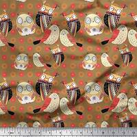 Soimoi Cotton Voile Brown Fabric - by The Yard - 42 Inch Wide - Floral & Owl Cartoon Pattern Mat