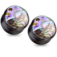 Pierced Owl Abalone Shell Inlaid Front Facing Natural Wood Saddle Plugs, Sold as Pair (8mm (0GA))