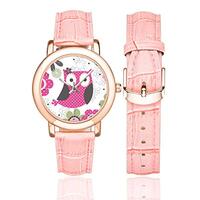 InterestPrint Cute Owl with Polka Dots and Flowers Women's Rose Gold-plated Leather Strap Casua