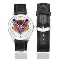InterestPrint Fashion Owl on Triangle Geometric Women's Fashion Stainless Steel Watch with Black Leather Band