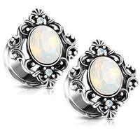 Pierced Owl Vintage Filigree White Oval Synthetic Opal Square Front-Facing Double Flared Plugs, Sold