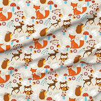 Spoonflower Fabric - Woodland Creatures, Fox, Deer, Hedgehog, Mushroom, Owl, Orange, Brown Printed o