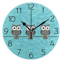 Blue Owl Round Wall Clock Silent Non Ticking Battery Operated Decorative Acrylic Wall Clock Humming 