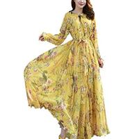 MedeShe Women's Long Sleeve Floral Holiday Beach Bridesmaid Maxi Dress Sundress (Yellow Owl Flo