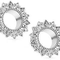 Pierced Owl CZ Crystal Tribal Lotus Flower Screw Fit Tunnel Plugs, Sold as a Pair (6mm (2GA))