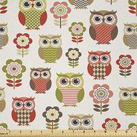Ambesonne Owls Fabric by The Yard, Ornate Owl Birds with Different Retro Style Patterns Blooming Flo
