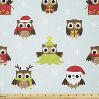Ambesonne Owls Fabric by The Yard, Christmas Theme with Celebration Santa Claus Pine Tree Owls with 