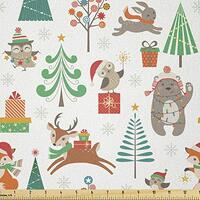 Ambesonne Christmas Fabric by The Yard, Theme Xmas Cartoon Pattern Bear Deer Owl Birds Tree Snowflak