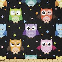 Ambesonne Owls Fabric by The Yard, Colorful Birds with Different Expressions Funny Confused Serious 