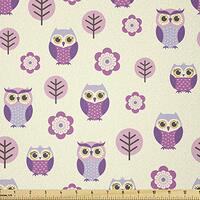 Lunarable Owls Fabric by The Yard, Owl Cartoon Pattern Feminine Soft Colors Happy Springtime, Stretc