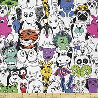 Lunarable Psychedelic Fabric by The Yard, Tropical Wild Savannah Zoo Animals Pattern Tiger Giraffe a