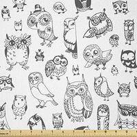 Lunarable Cartoon Fabric by The Yard, Hand Drawn Style Owl with Ornate Details Monochrome Design, St