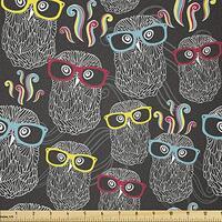 Lunarable Retro Fabric by The Yard, Doodle Style Owls with Colorful Glasses and Swirls Abstract Funn