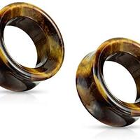 Pierced Owl Tiger Eye Stone Double Flared Saddle Tunnels, Sold as a Pair (8mm (0GA))