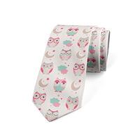 Ambesonne Necktie, Night Time Owls Moon Fun, Dress Tie, 3.7", Tan Pink Seafoam