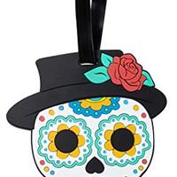 Artisan Owl Día de Los Muertos Sugar Skull Luggage Tag - Day of The Dead Travel ID Tag for Su