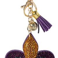 Artisan Owl Mardi Gras Keychain – Gold & Purple Fleur De Lis with Claw Closure & Tasse