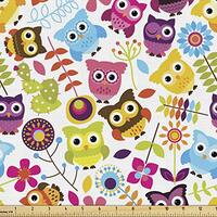 Ambesonne Cartoon Fabric by The Yard, Owls Pattern with Cactus Plant Botanical Flowers Dandelion Lea