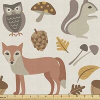 Ambesonne Animal Fabric by The Yard, Autumn Forest Fox Owl Pine Cone Squirrel Mushroom Leaves Cartoo