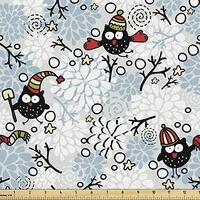 Ambesonne Owls Fabric by The Yard, Wintertime Pattern with Characters and Snow Flowers Stars Doodle 