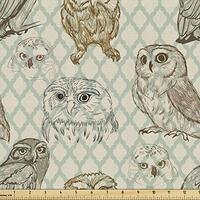 Ambesonne Owl Fabric by The Yard, Cool Looking Owls Different Shapes and Sizes Drawing Style Sketch 