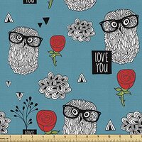 Ambesonne Romantic Fabric by The Yard, Smart Owls and Roses Motif with Cartoon Clouds Love You Typog