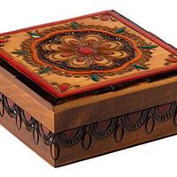 Artisan Owl Polish Handmade Dream Catcher Floral Ornamented Crest 4" Wooden Box with Red Interi