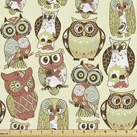 Lunarable Owl Fabric by The Yard, Cartoon Woodland Animals Pattern with Blossoming Flowers Rhombus a