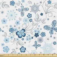 Lunarable Flower Fabric by The Yard, Snowflakes Flowers and Butterflies Christmas Snowy Wintertime S