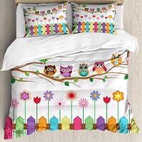 Ambesonne Owls Duvet Cover Set, Owls on a Branch Sunny Day in Countryside Farmhouse Fences Wildflowe
