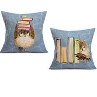Asminifor Adorable Animals Throw Pillow Covers Cute Cartoon Owls and Books Design Cotton Linen Pillo