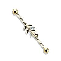 Pierced Owl CZ Crystal Leaf Stainless Steel Industrial Barbell (Gold Tone)