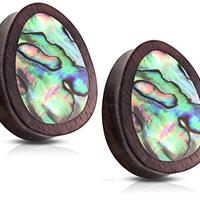 Pierced Owl Abalone Inlaid Sono Wood Tear Drop Saddle Plugs, Sold as a Pair (22mm (7/8"))