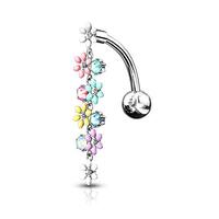 Pierced Owl Dangling Flowers with Opalite Crystals Top Down Belly Button Ring in 316L Stainless Stee