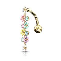 Pierced Owl Dangling Flowers with Opalite Crystals Top Down Belly Button Ring in 316L Stainless Stee