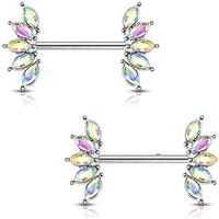 Pierced Owl 14GA 316L Stainless Steel Crystal Marquise Fan Ends Nipple Barbells, Sold as A Pair (Aur