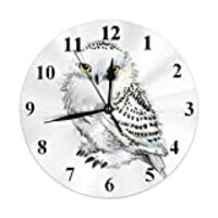 HGOD DESIGNS Owl Round Wall Clock,Cute Watercolor Animal White Snowy owl Silent Round Wall Clock Hom