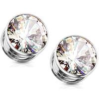 Pierced Owl Stainless Steel Bezel Set Clear Gem Screw Fit Plug Gauges, Sold As Pair (Silver Tone, 4m