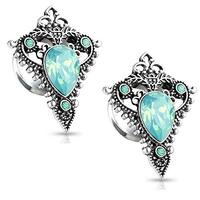 Pierced Owl Stainless Steel Jade Green Opalite Tear Drop Ornate Tribal Shield Double Flared Plug Gau