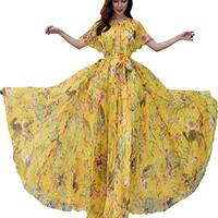 MedeShe Women's Short Sleeve Floral Bohemian Maxi Dress (Yellow Owl Floral, Large)