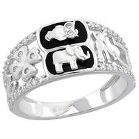 Sterling Silver Micropave CZ Onyx Lucky Charms Ring Women Elephant Owl Clover Horseshoe Evil Eye Rho