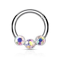 Pierced Owl 16G Stainless Steel Triple Crystal Helix Cartilage Daith Septum Hinged Segment Ring (Sil