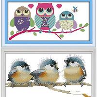 Cross Stitch Kits, Awesocrafts Cartoon Owl, Three Birds Easy Patterns Cross Stitching Embroidery Kit Supplies Christmas, Stamped or Counted (Owl, Birds 2pcs, Counted)
