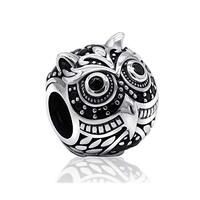 925 Sterling Silver Personalized Cute Owl with Black CZ fit Original Pandora Charm Bracelet Bangle D