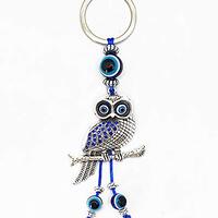 LUCKBOOSTIUM Blue Crystal Inlaid Silver Owl Keychain w/Evil Eye and Hanging Evil Eyes Beads - Sign o