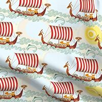 Spoonflower Fabric - Viking Woodland Nordic Red Stripe Sail Fox Owl Hare Ship Sea Wave Printed on Pe